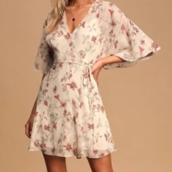 Lulus Dresses & Skirts - Lulus All Along Beige Floral Print Faux Wrap Mini Dress Size small NWT $58